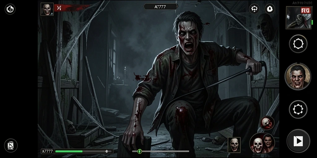 Screenshot gameplay mencekam dari A7777 menunjukkan suasana Horror yang intens.