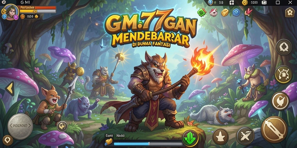 Screenshot GM777 menampilkan karakter dalam pertempuran epik di dunia fantasi.