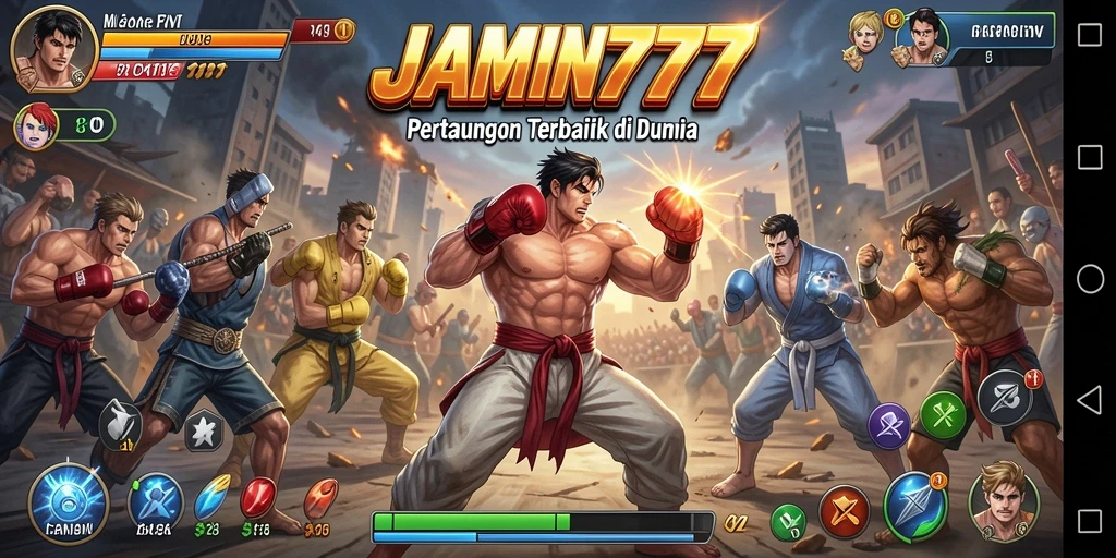 Screenshot menunjukkan karakter dalam pertarungan intens di arena.