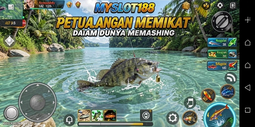 Screenshot MYSLOT188 menunjukkan pemain yang sedang memancing di perahu.