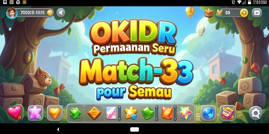 Screenshot utama OKIDR menampilkan gameplay seru permainan Match-3 yang menantang.