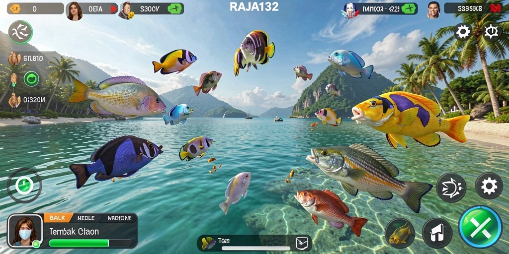 Tampilan gameplay seru dalam RAJA132 dengan berbagai ikan yang menarik.