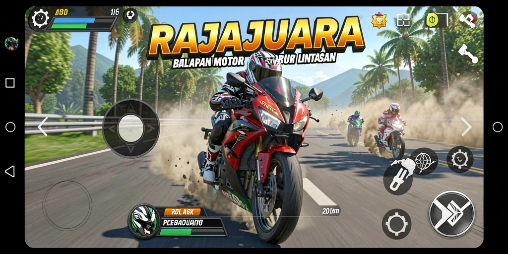 Tampilan gameplay mendebarkan dari RAJAJUARA dengan balapan motor yang intens.