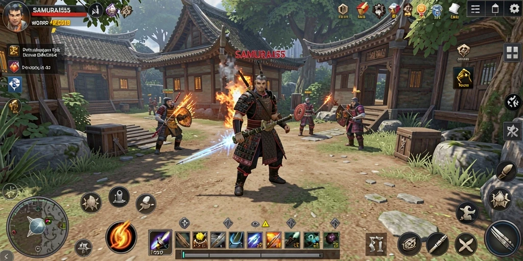 Screenshot gameplay SAMURAI555 menampilkan aksi penuh kekuatan dan strategi.