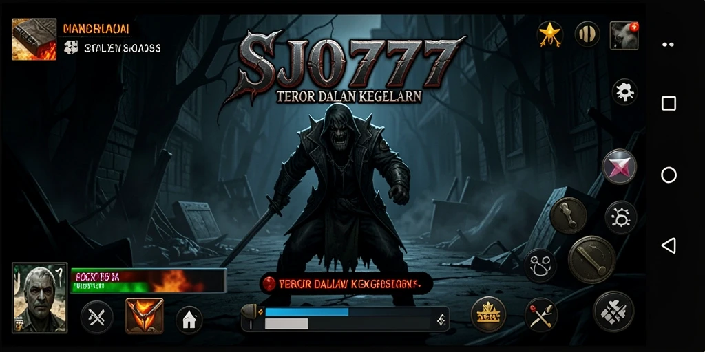 Tampilan gameplay menegangkan dari SJO777 dalam suasana kegelapan.